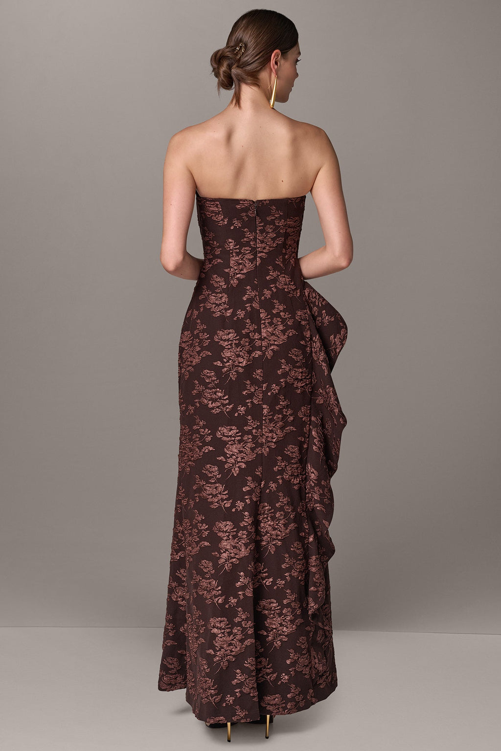 FLORAL STRAPLESS RUFFLE GOWN