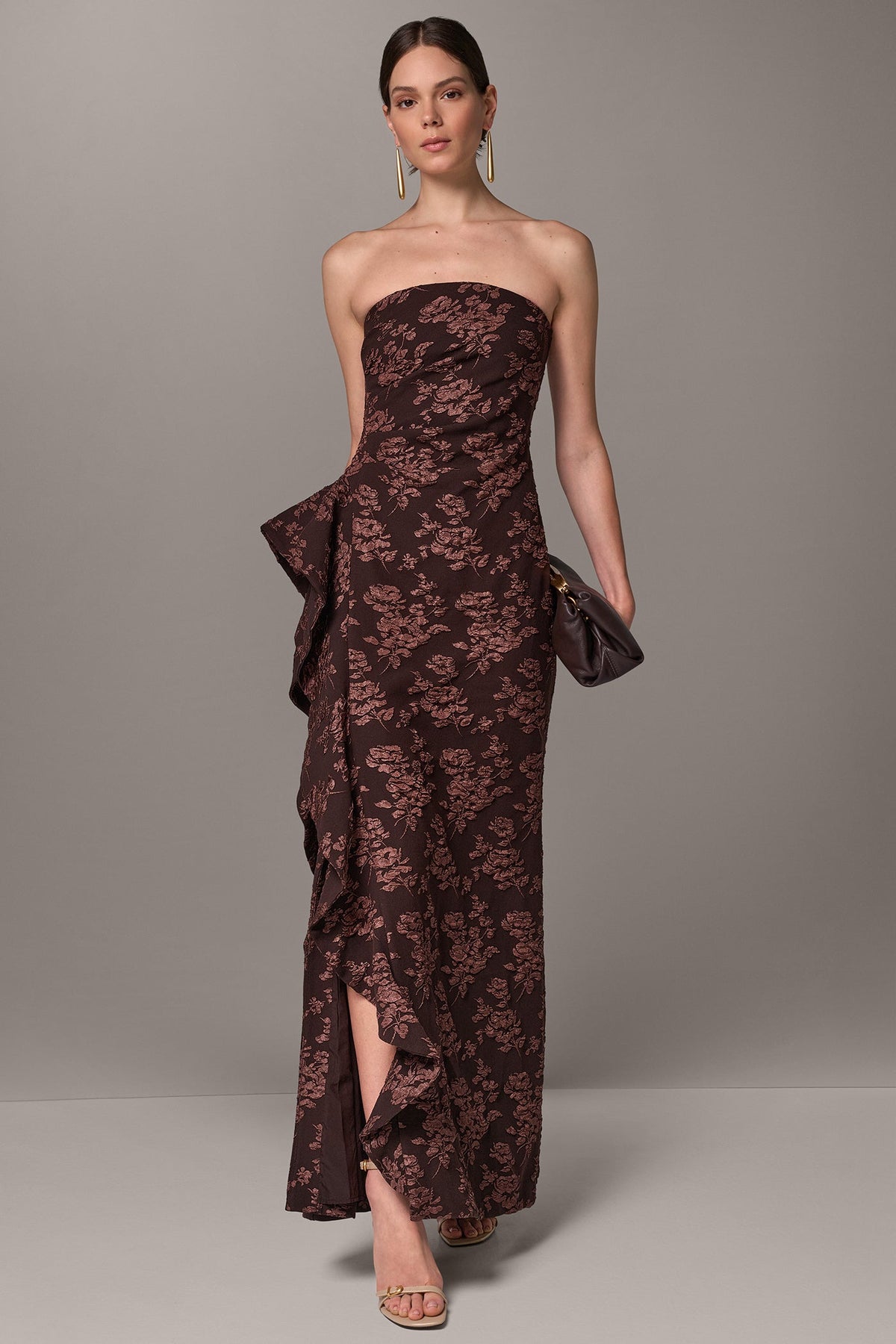 FLORAL STRAPLESS RUFFLE GOWN