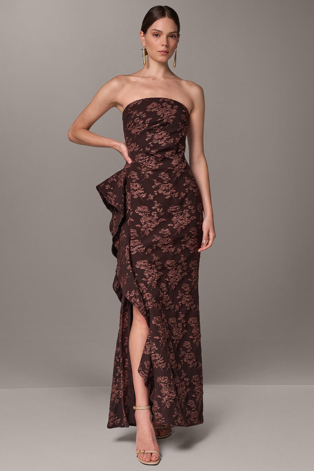 FLORAL STRAPLESS RUFFLE GOWN