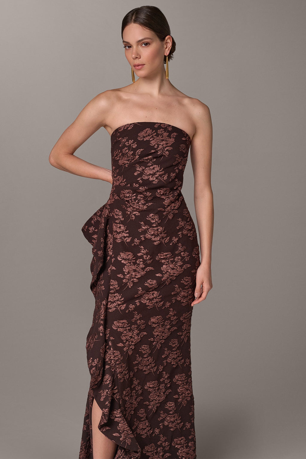 FLORAL STRAPLESS RUFFLE GOWN