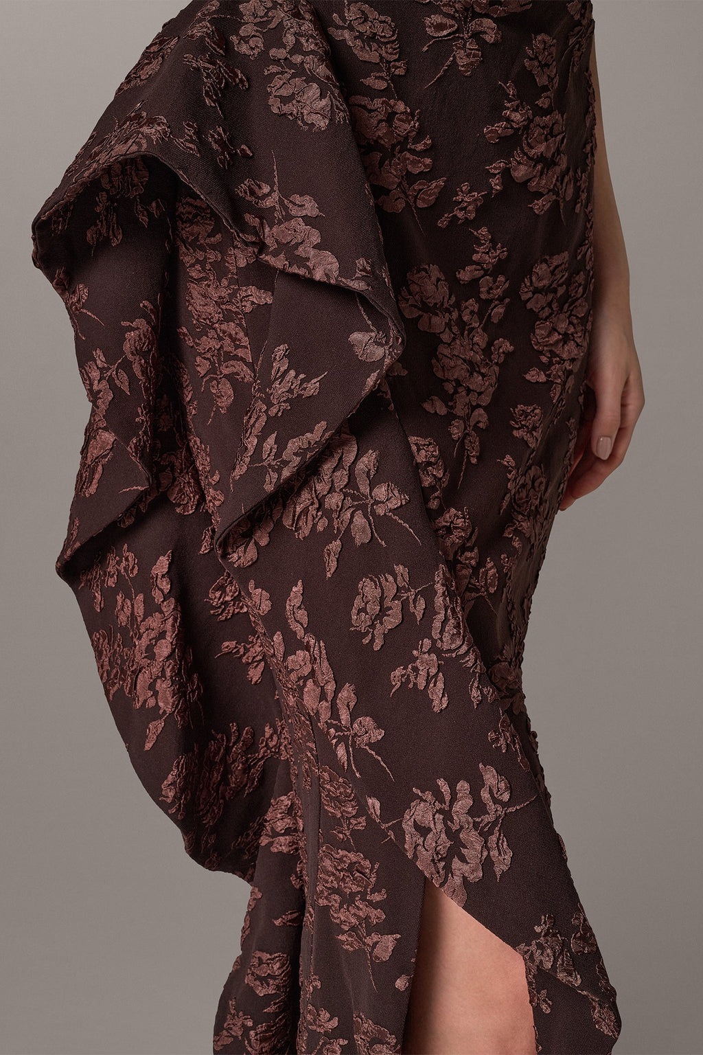 FLORAL STRAPLESS RUFFLE GOWN