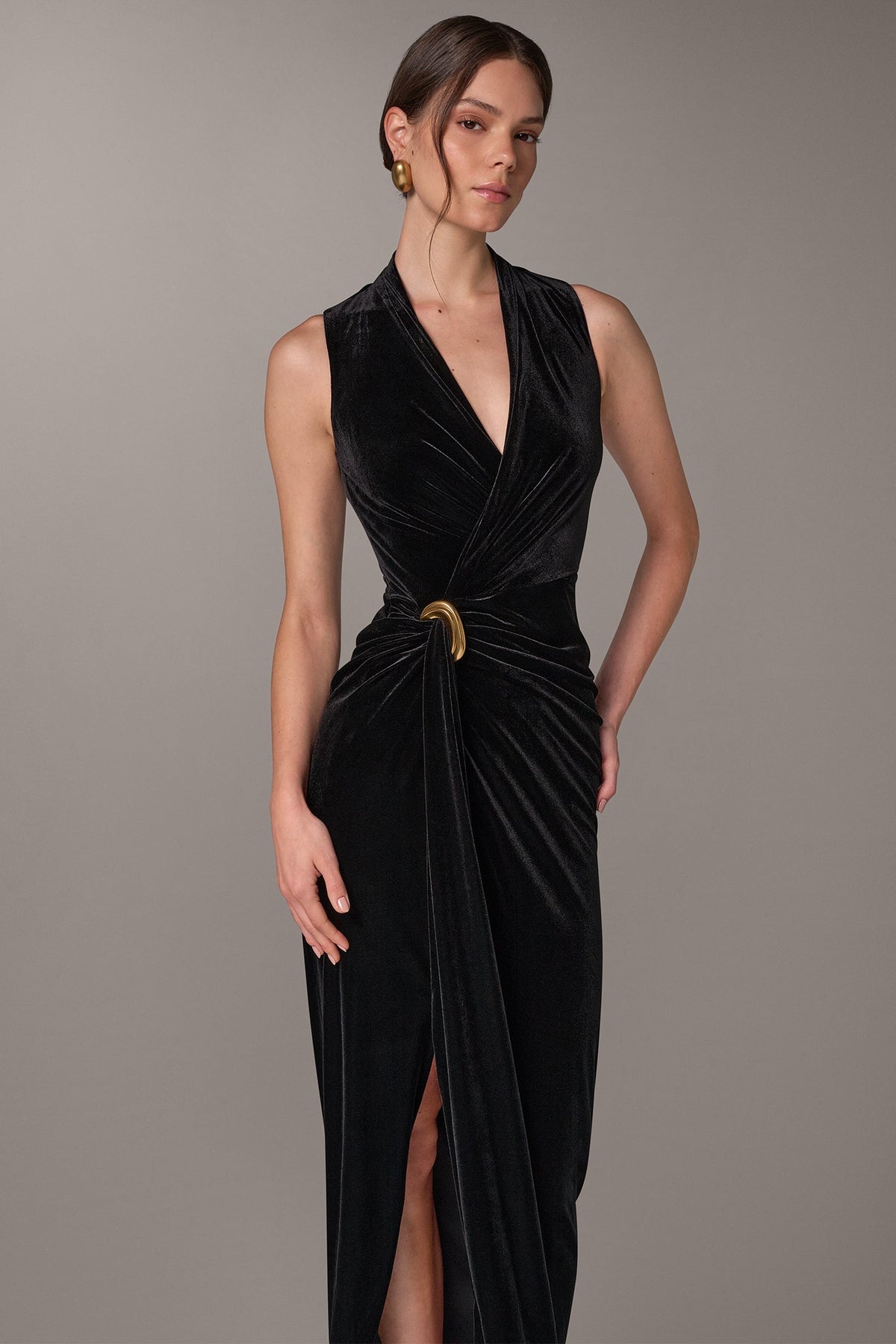 VELVET WRAP EFFECT MAXI DRESS