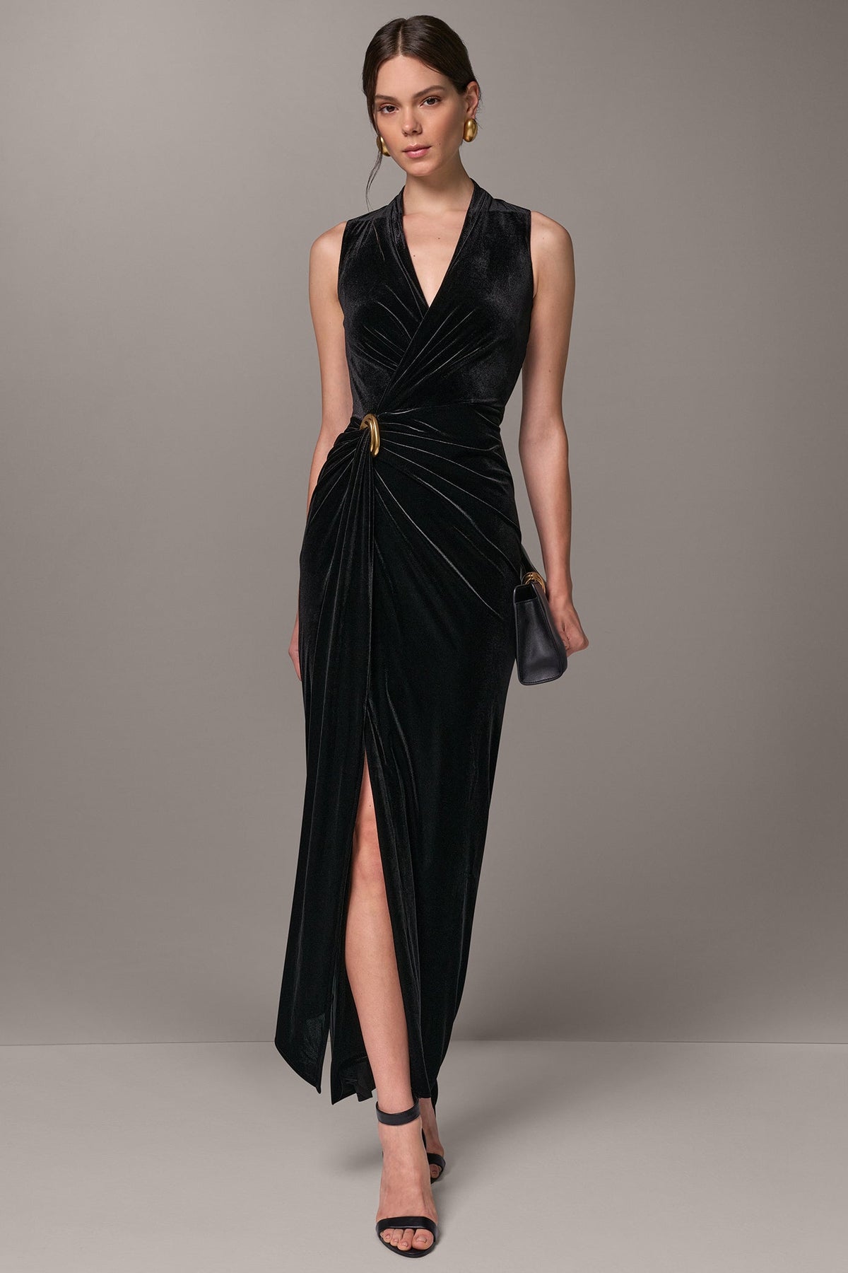 VELVET WRAP EFFECT MAXI DRESS