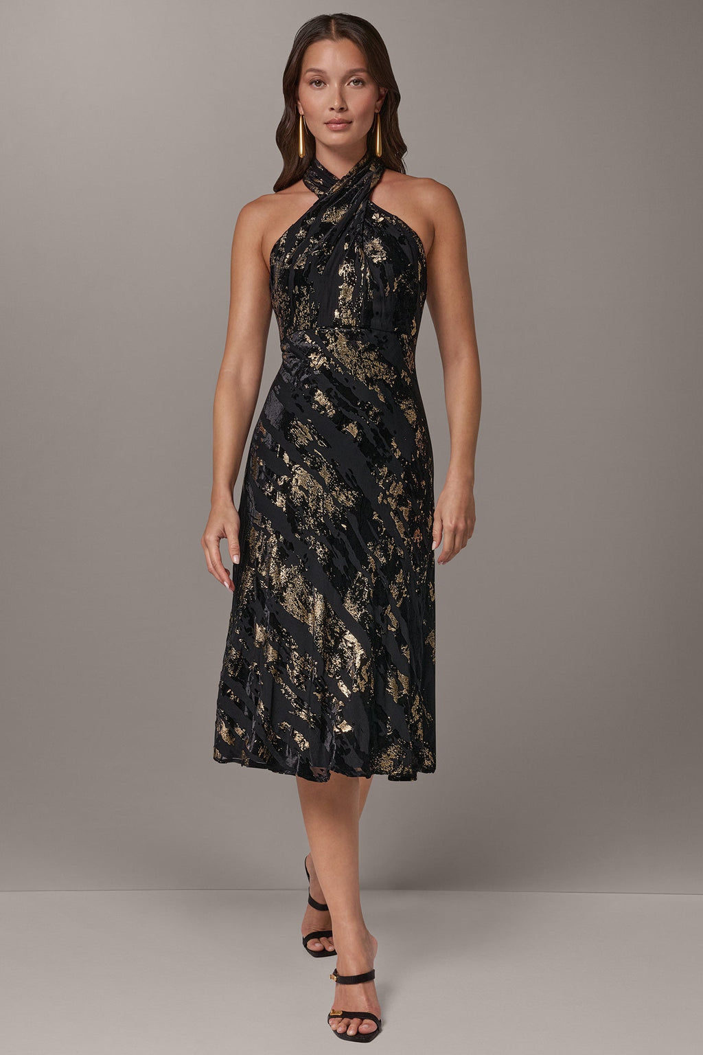 CROSS FRONT HALTER MIDI DRESS