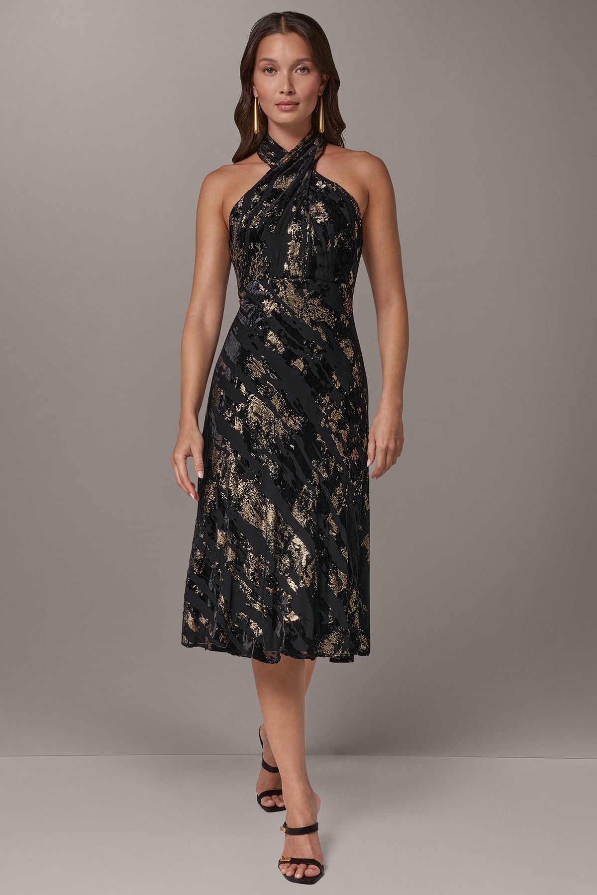 CROSS FRONT HALTER MIDI DRESS
