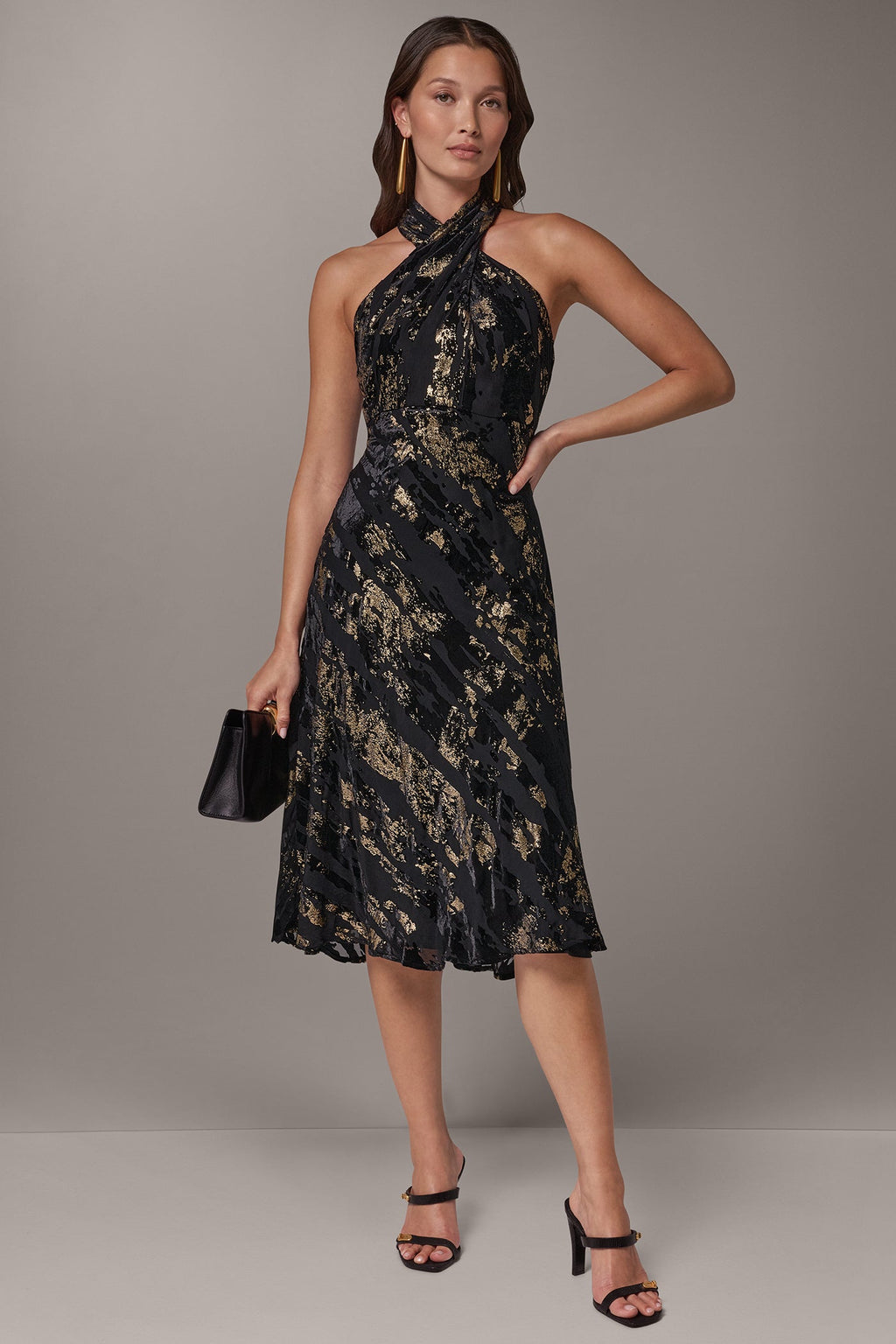 CROSS FRONT HALTER MIDI DRESS