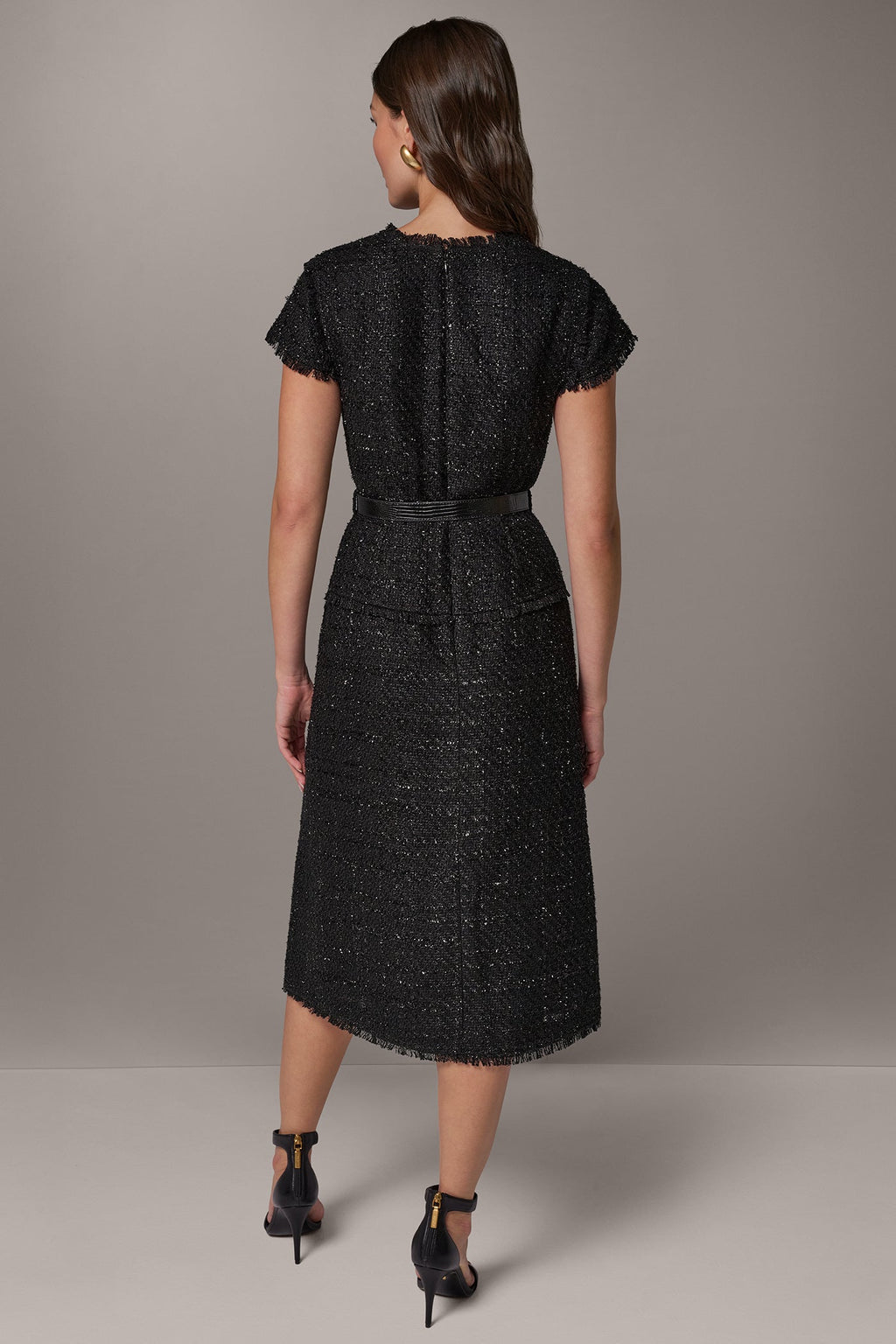 TWEED SPLIT NECK MIDI DRESS