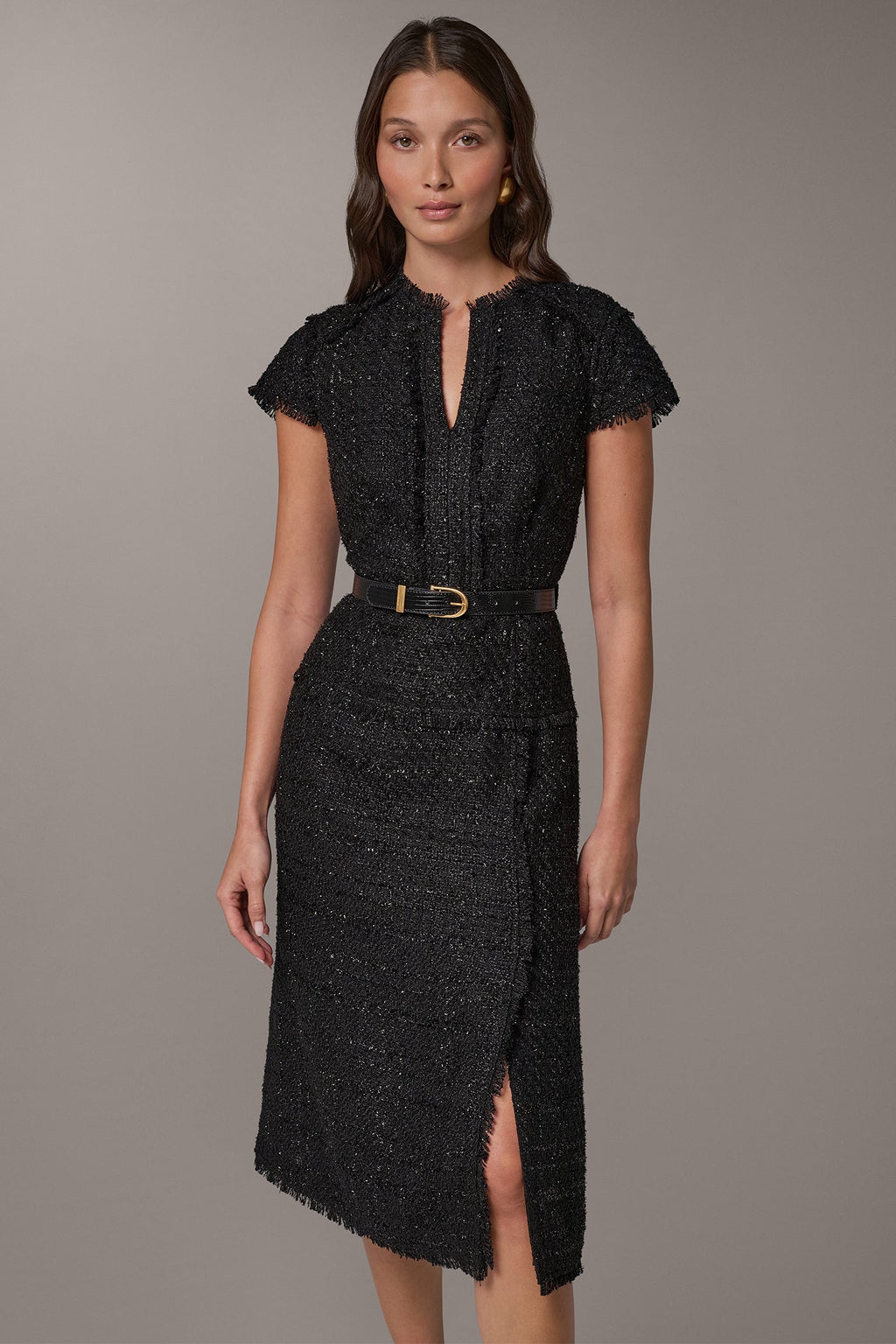 TWEED SPLIT NECK MIDI DRESS