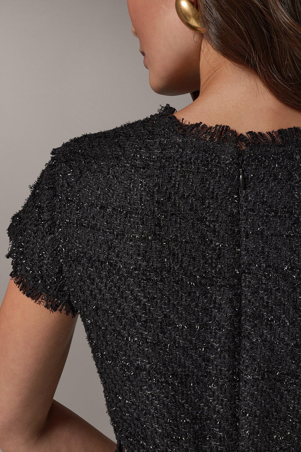 TWEED SPLIT NECK MIDI DRESS