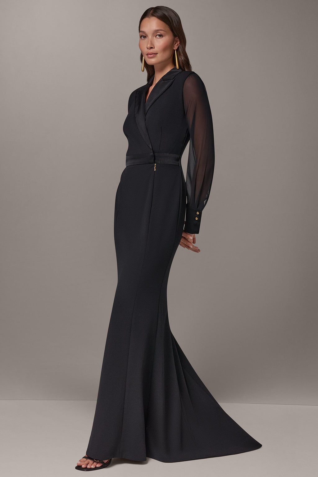 WRAP-EFFECT MIXED MEDIA TRUMPET GOWN