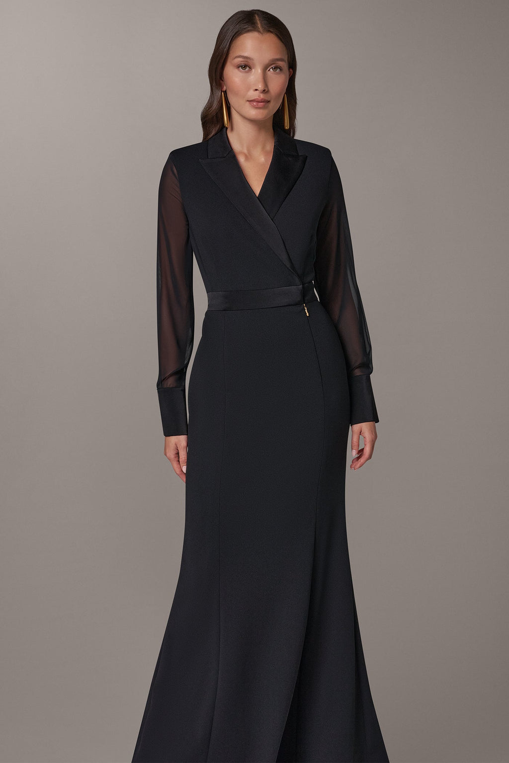 WRAP-EFFECT MIXED MEDIA TRUMPET GOWN