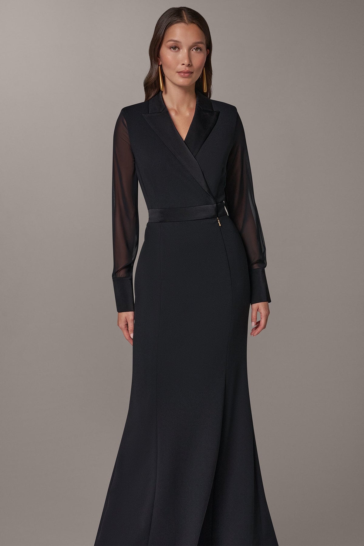 WRAP-EFFECT MIXED MEDIA TRUMPET GOWN