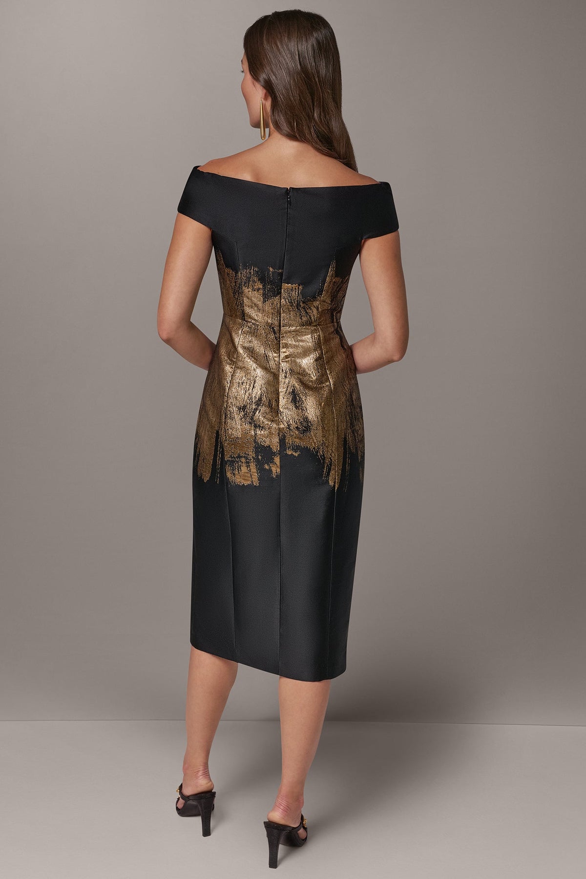 OFF THE SHOULDER BRUSHSTROKE MIDI SHEATH