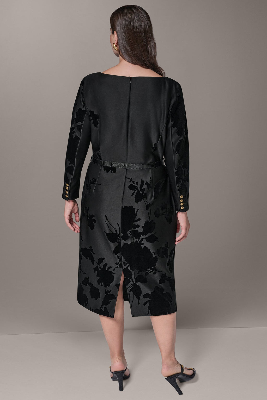 BELTED FLOCKED FLORAL MIDI SHEATH