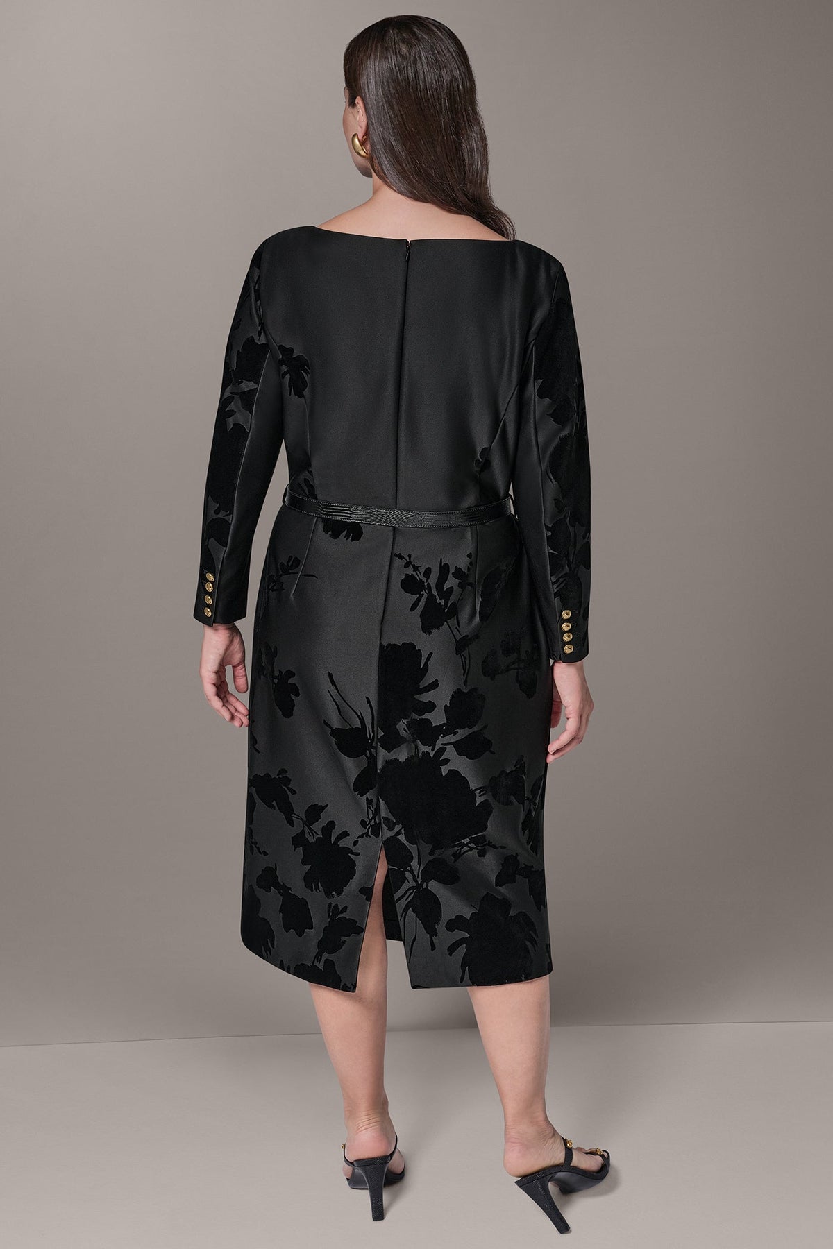 BELTED FLOCKED FLORAL MIDI SHEATH