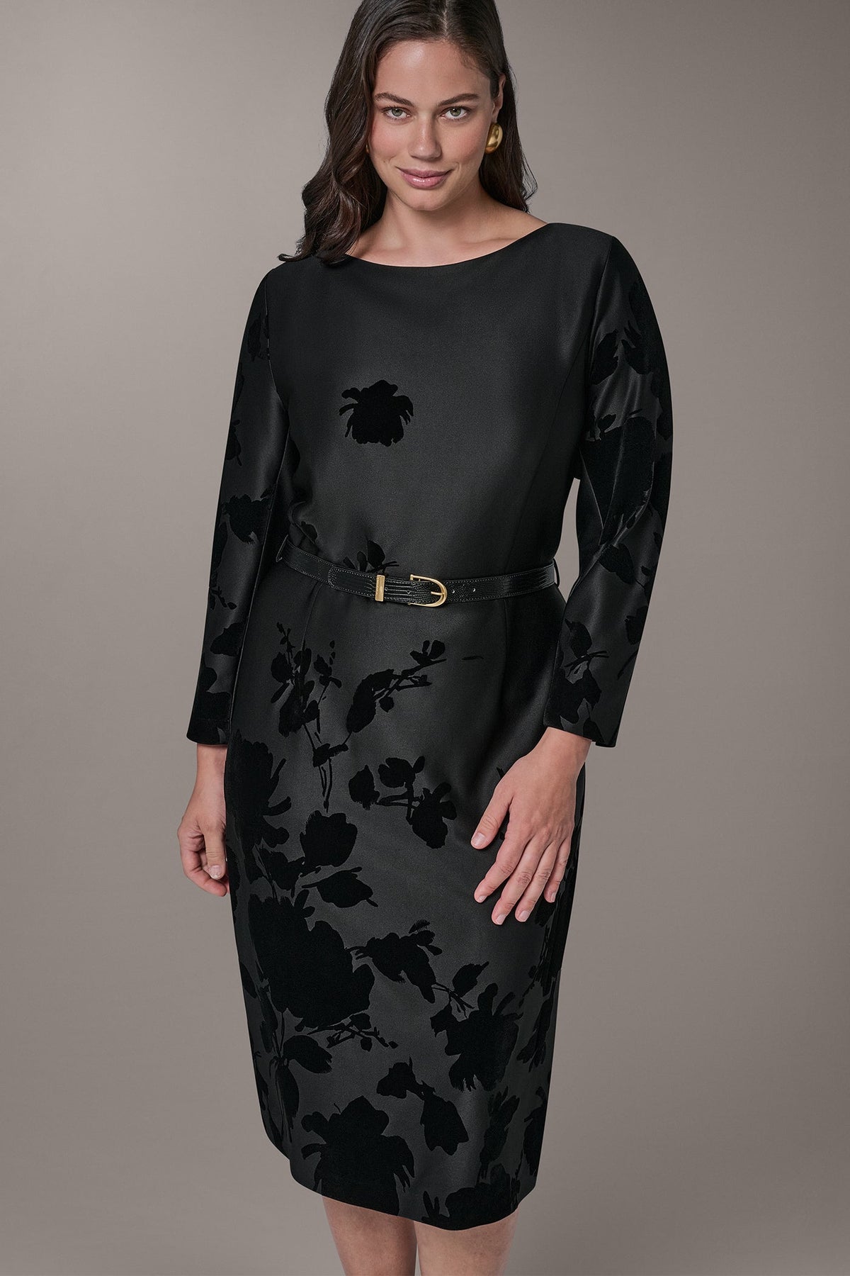 BELTED FLOCKED FLORAL MIDI SHEATH