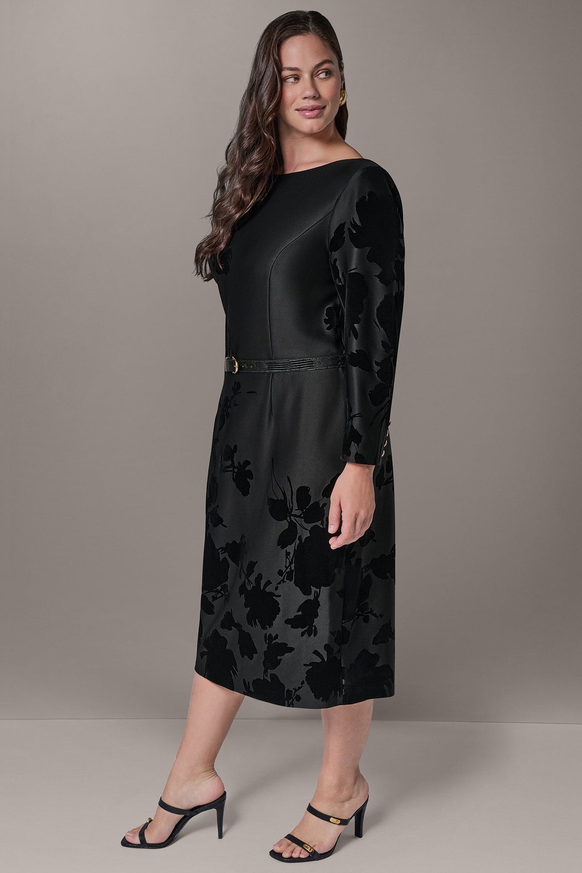 BELTED FLOCKED FLORAL MIDI SHEATH