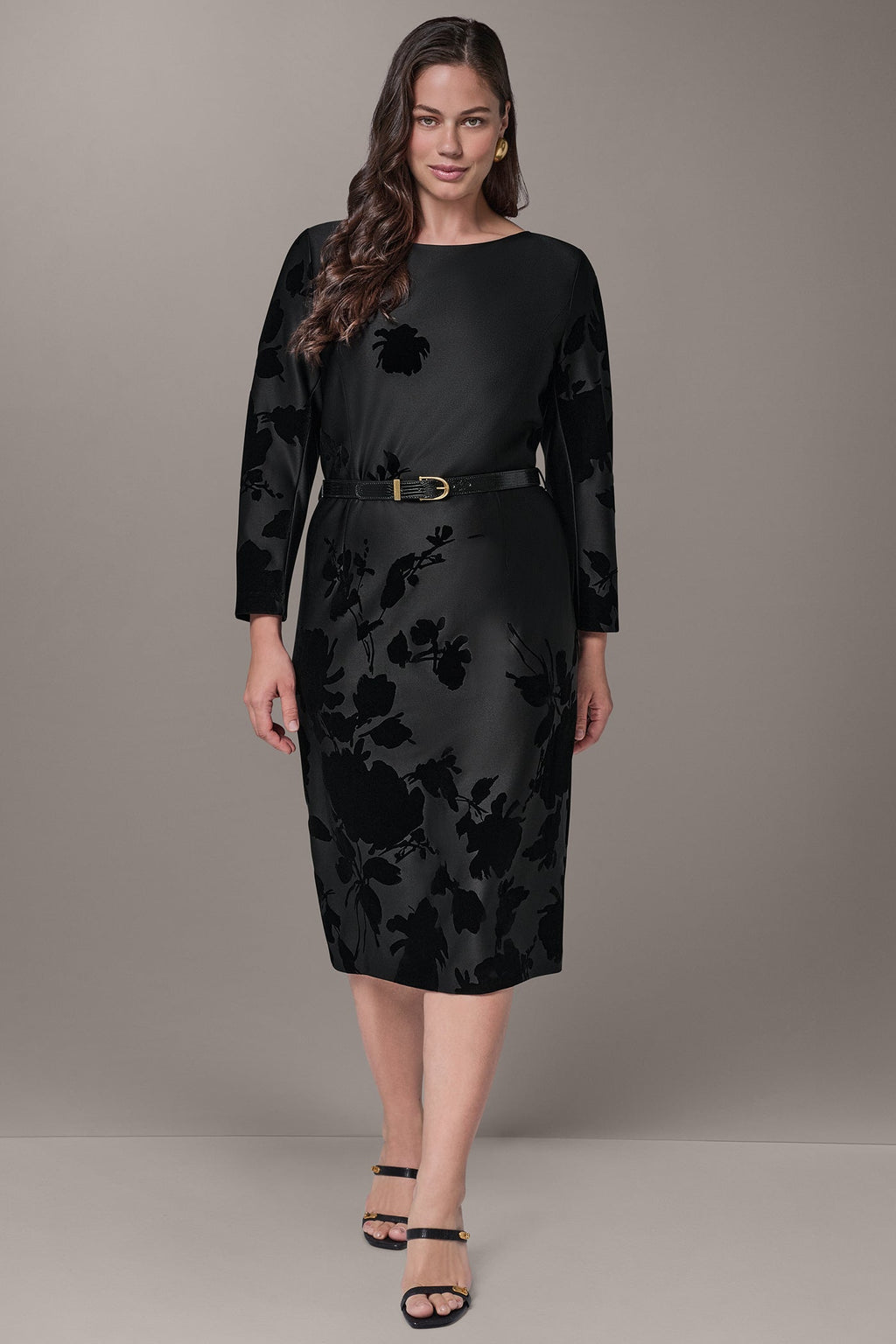 BELTED FLOCKED FLORAL MIDI SHEATH