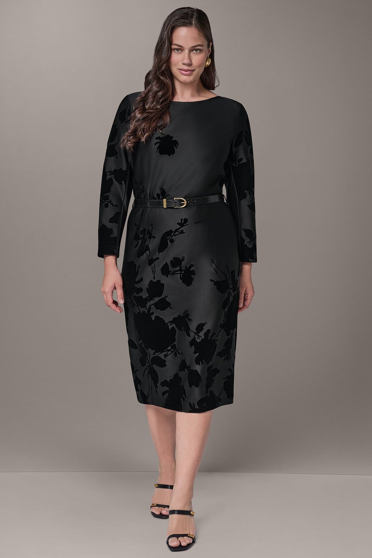 BELTED FLOCKED FLORAL MIDI SHEATH