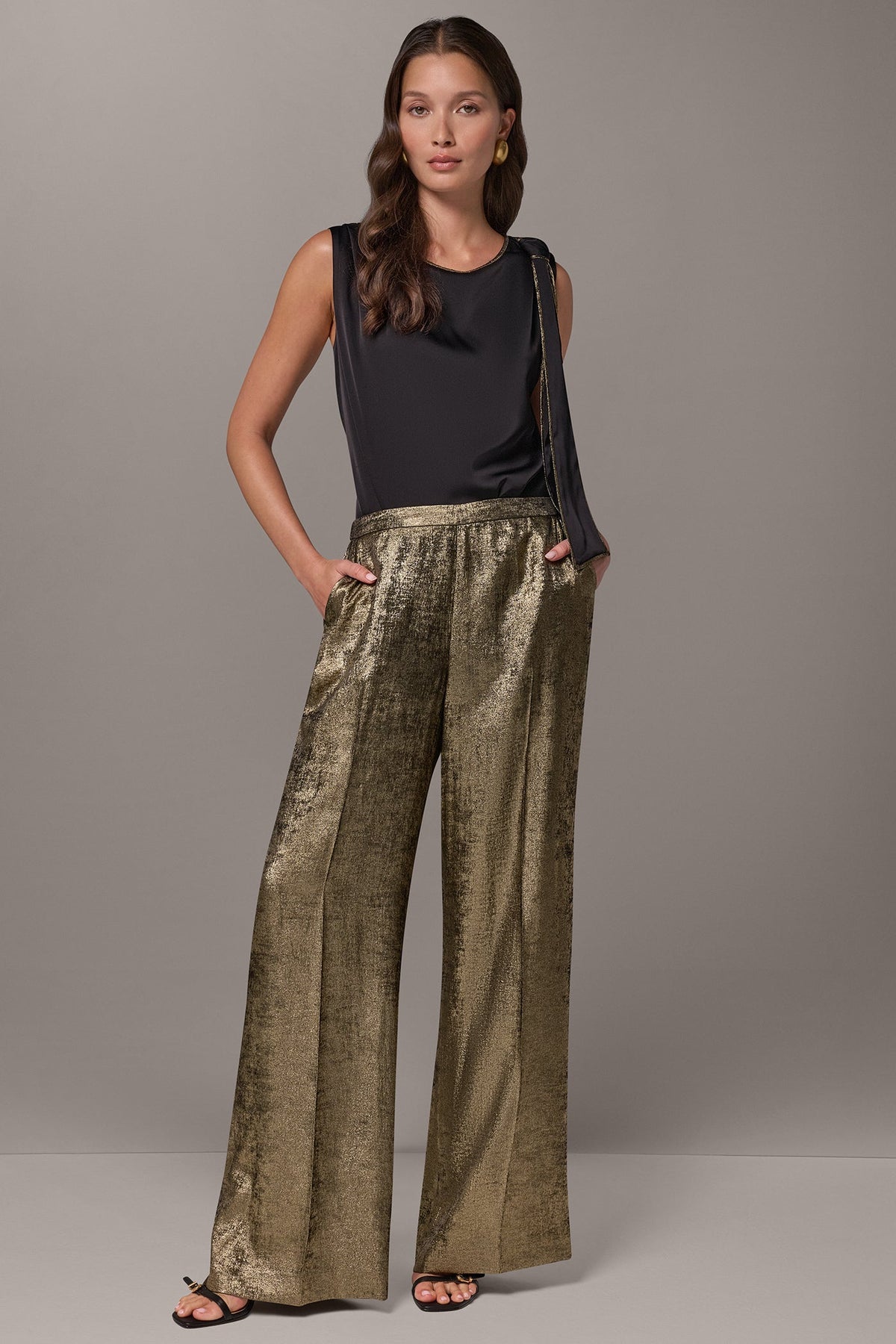 MID-RISE METALLIC PULL-ON SUIT PANT
