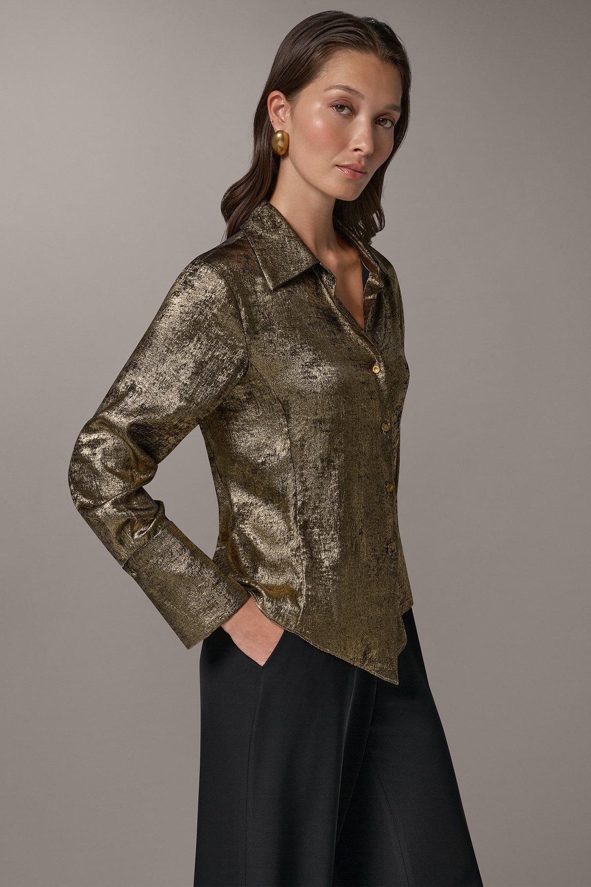 METALLIC V-NECK BUTTON FRONT BLOUSE