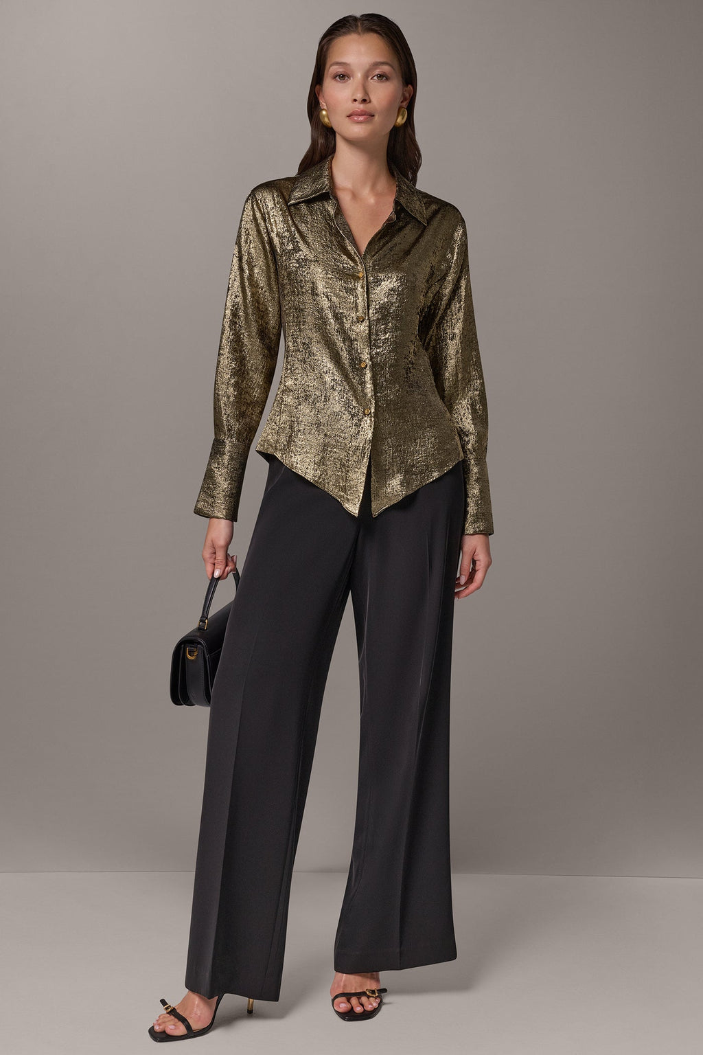 METALLIC V-NECK BUTTON FRONT BLOUSE