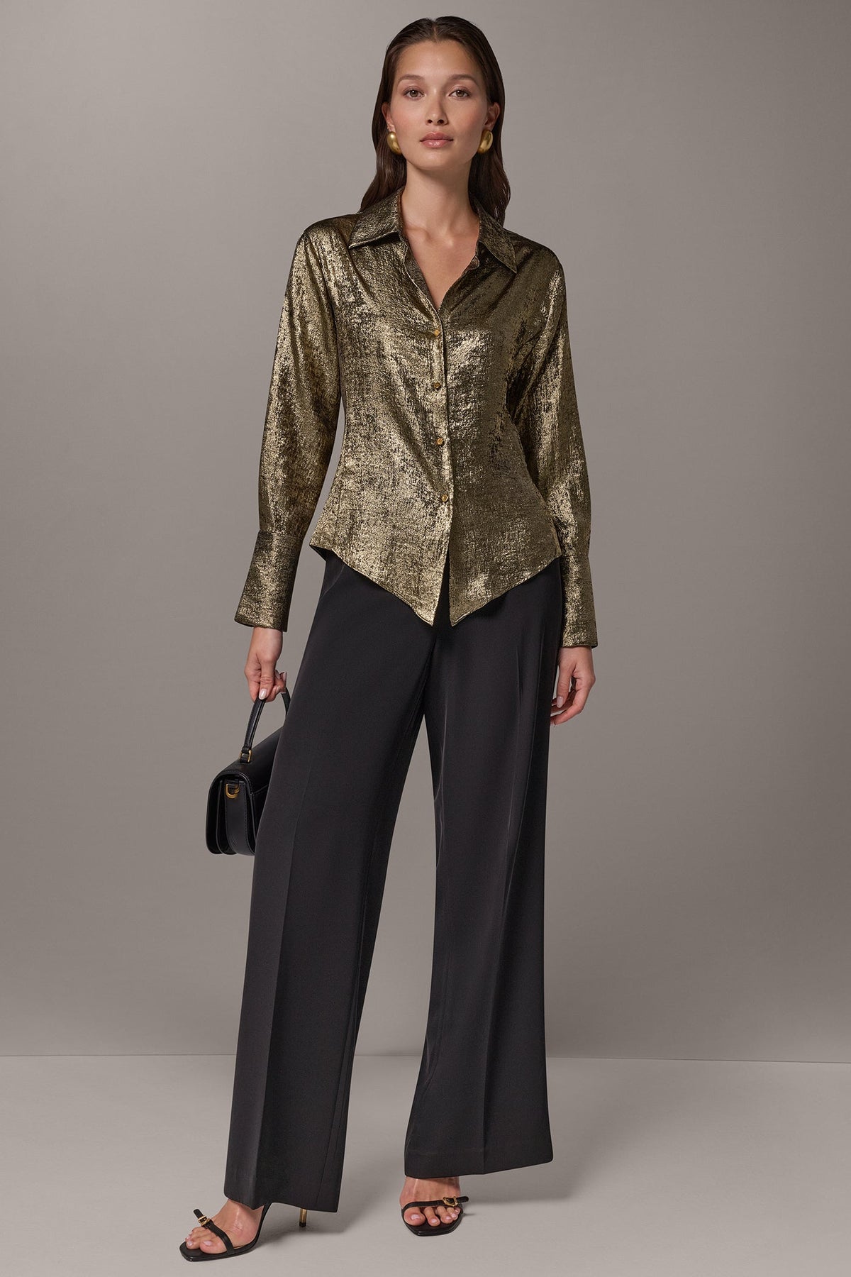 METALLIC V-NECK BUTTON FRONT BLOUSE