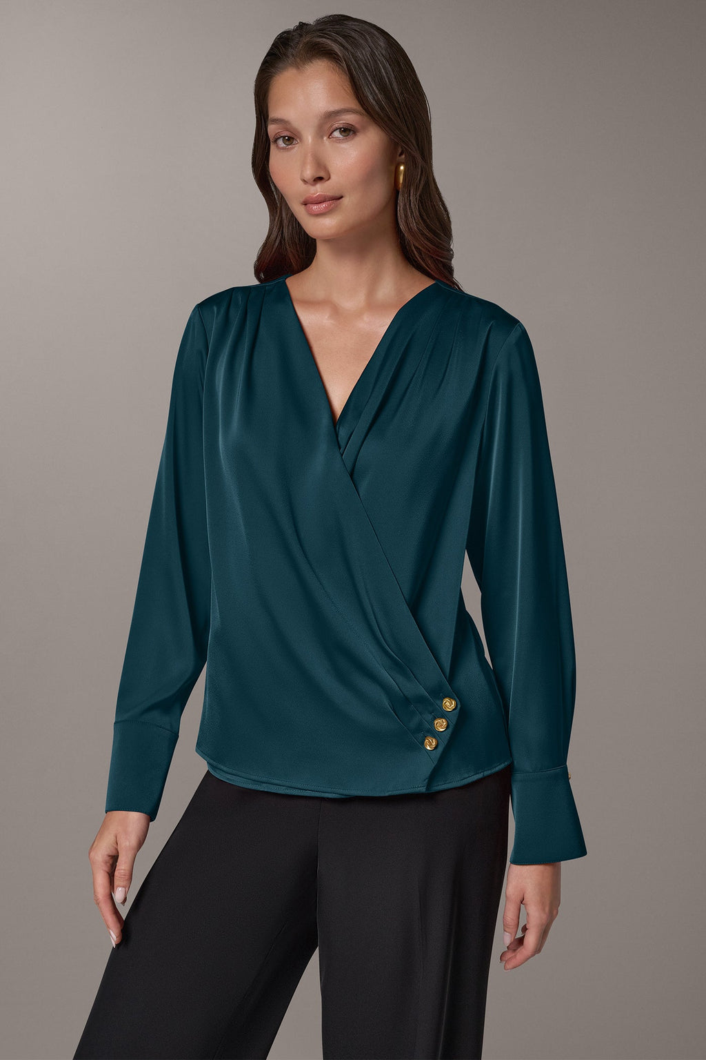 SATIN WRAP-EFFECT V-NECK TOP