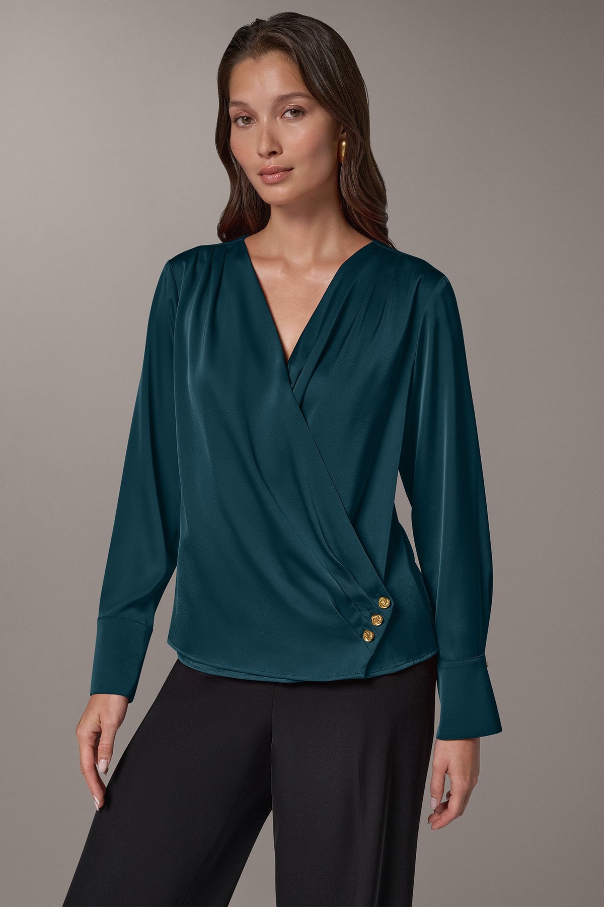 SATIN WRAP-EFFECT V-NECK TOP