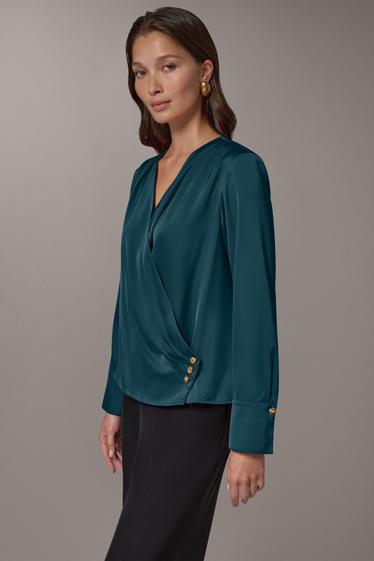 SATIN WRAP-EFFECT V-NECK TOP