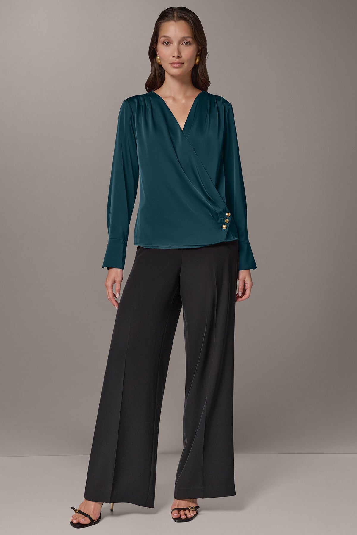 SATIN WRAP-EFFECT V-NECK TOP
