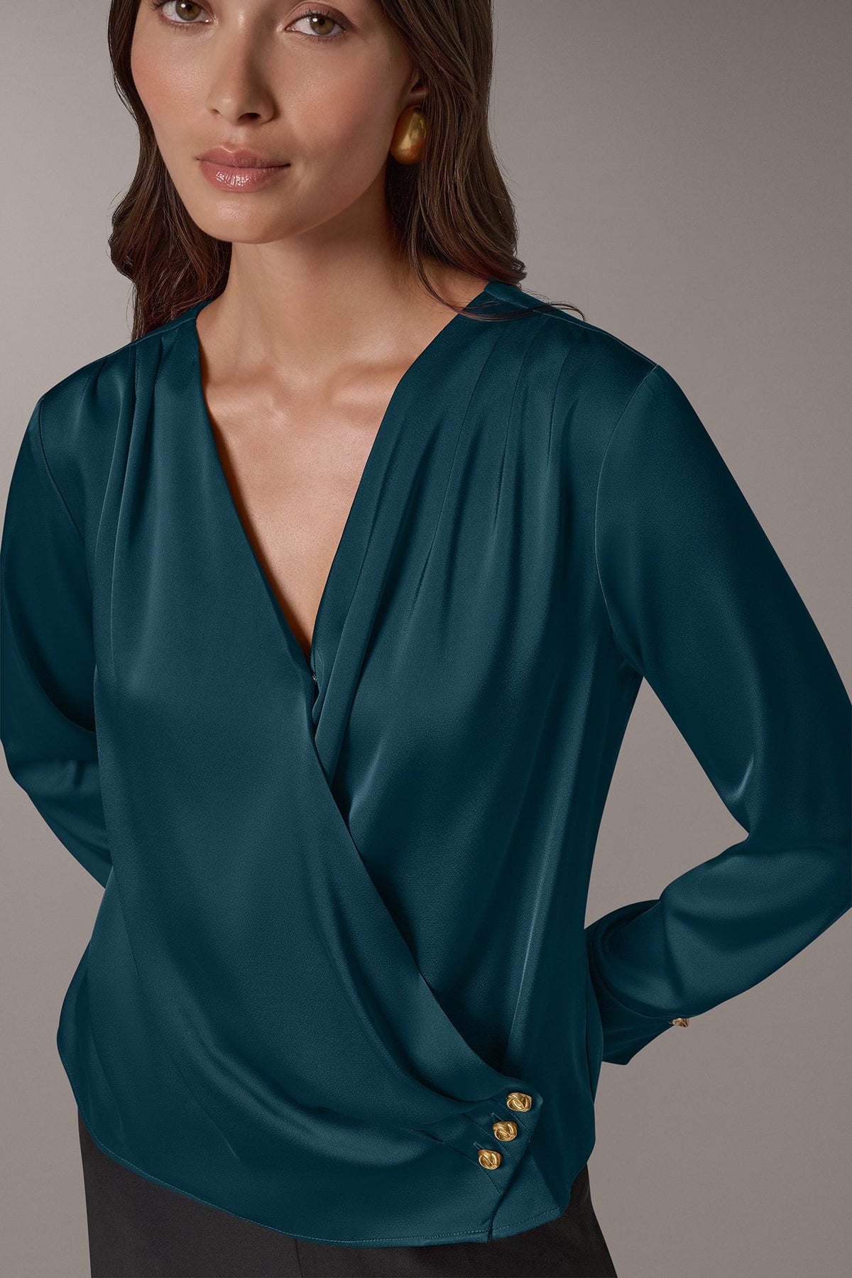 SATIN WRAP-EFFECT V-NECK TOP