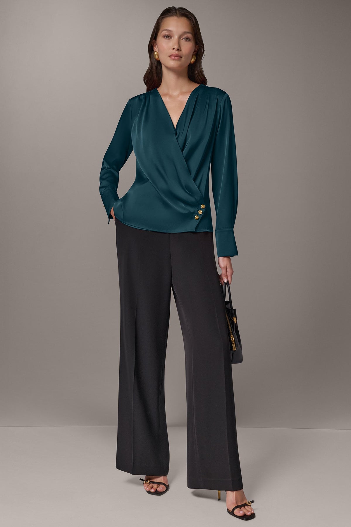 SATIN WRAP-EFFECT V-NECK TOP