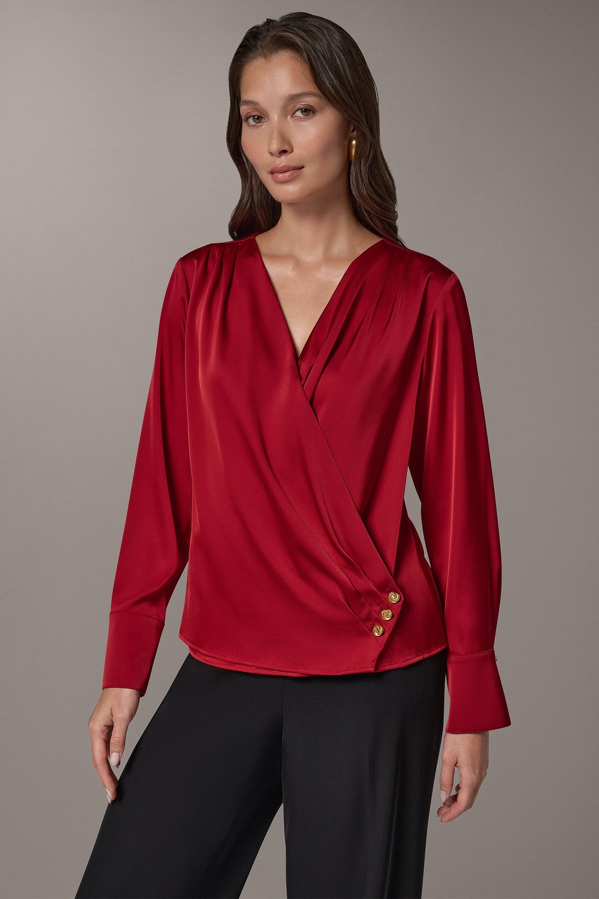 SATIN WRAP-EFFECT V-NECK TOP