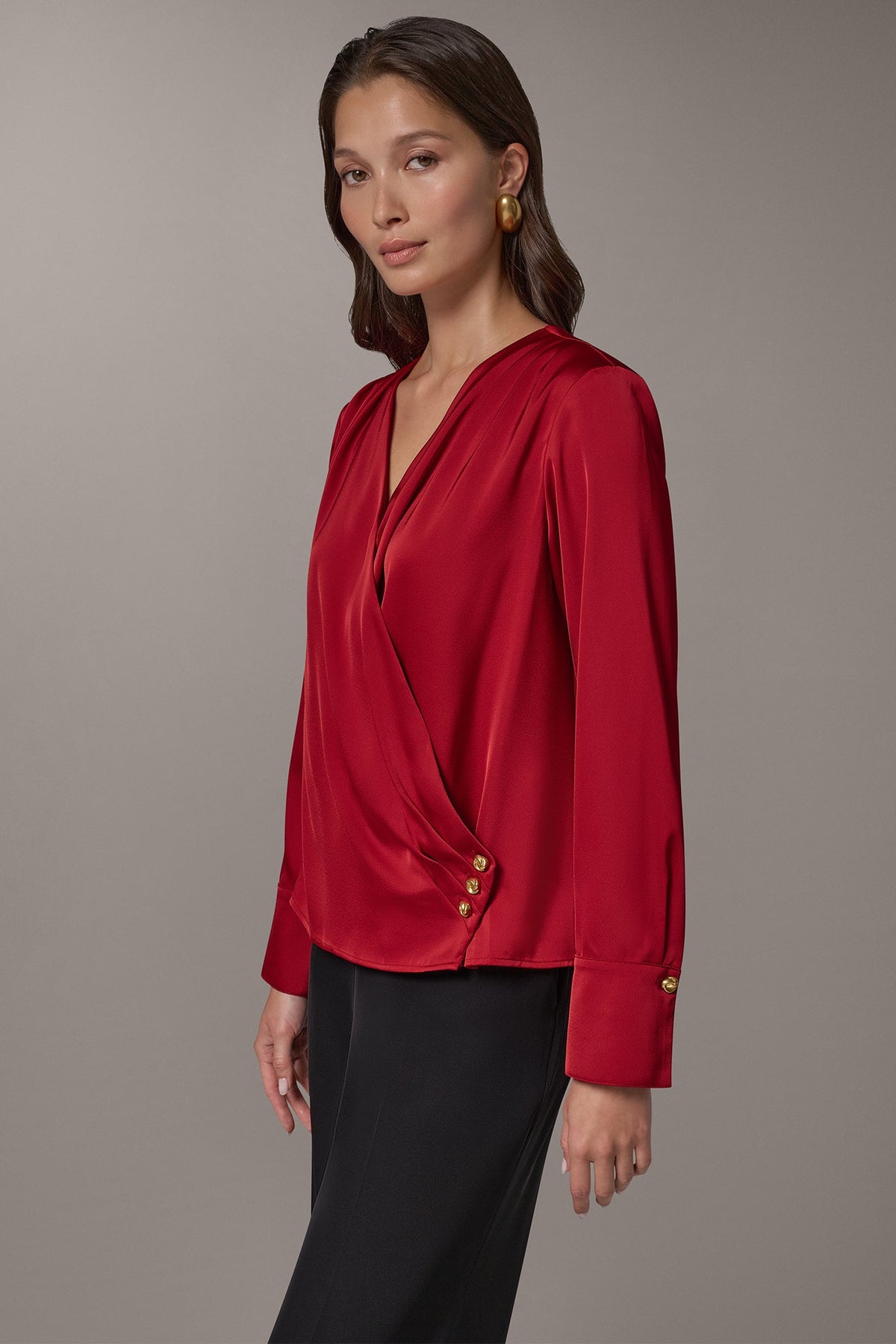 SATIN WRAP-EFFECT V-NECK TOP