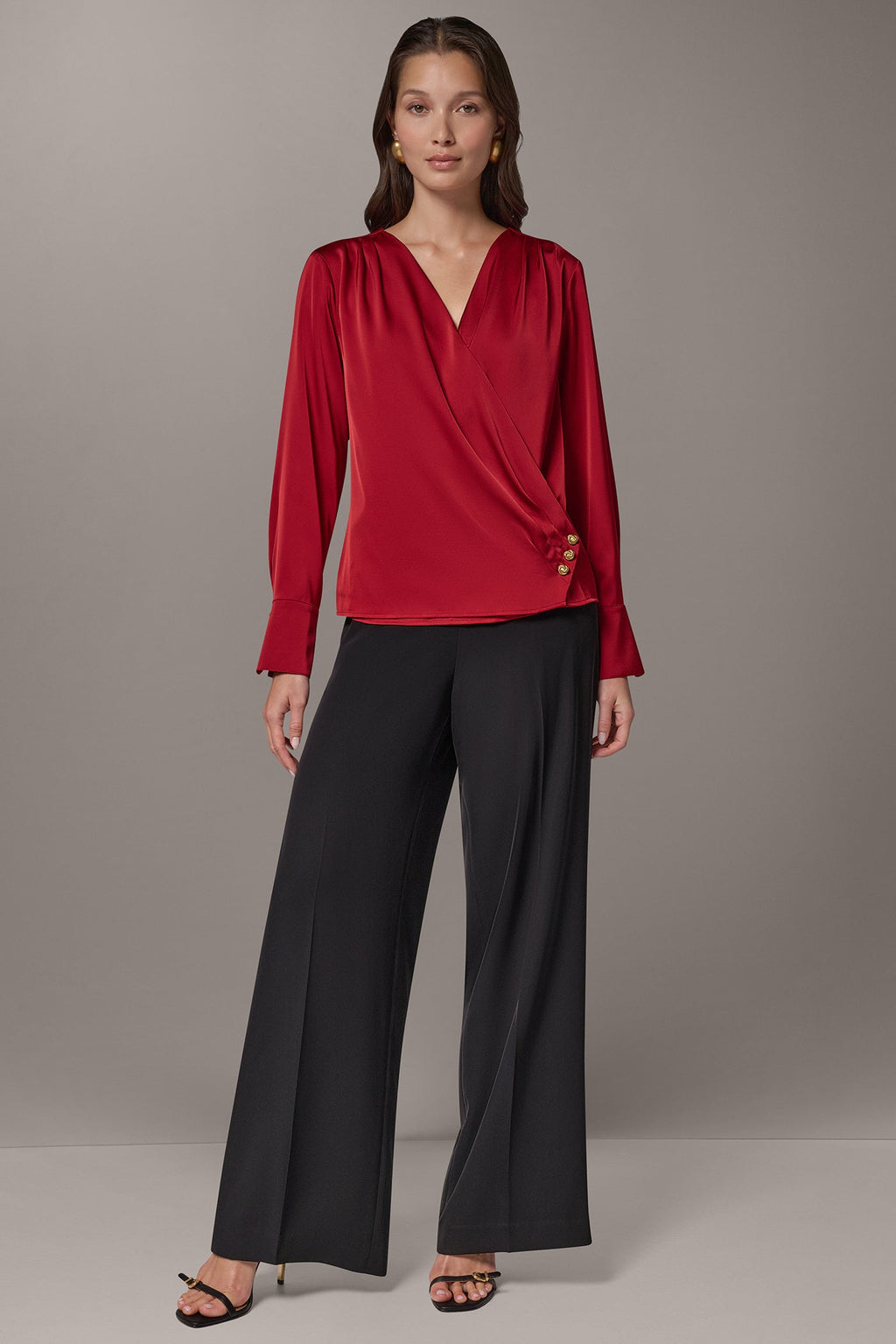 SATIN WRAP-EFFECT V-NECK TOP