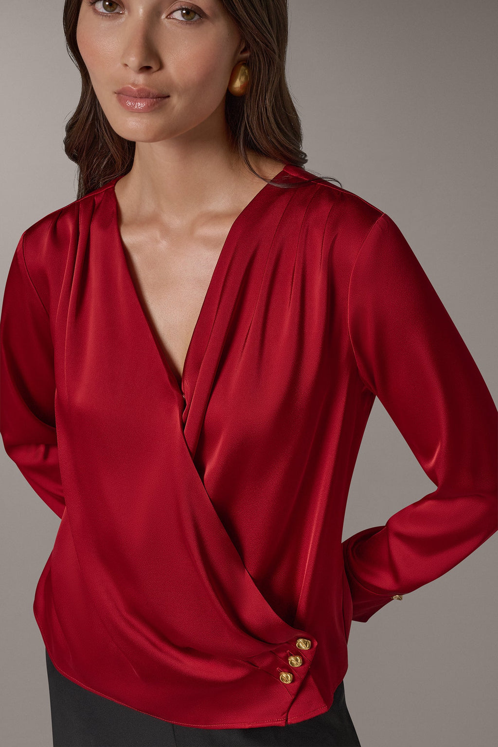 SATIN WRAP-EFFECT V-NECK TOP