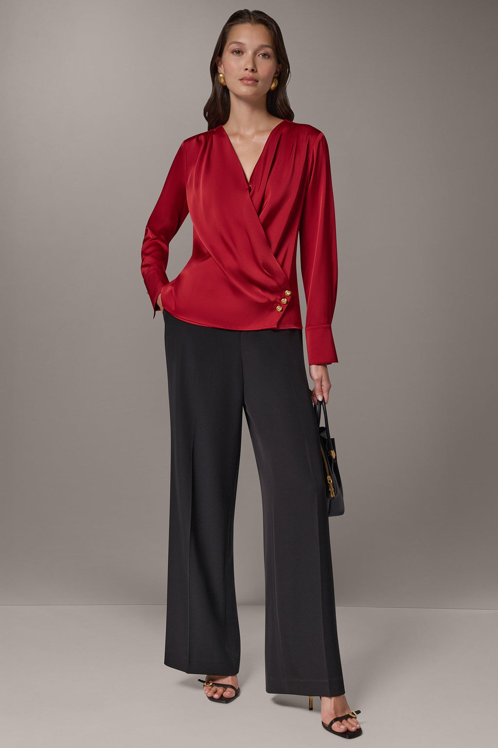 SATIN WRAP-EFFECT V-NECK TOP