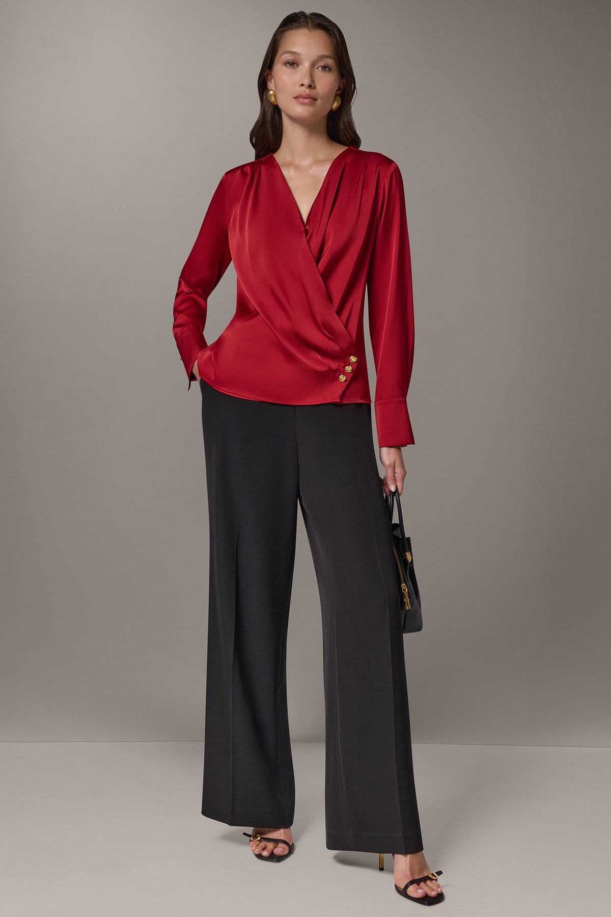 SATIN WRAP-EFFECT V-NECK TOP