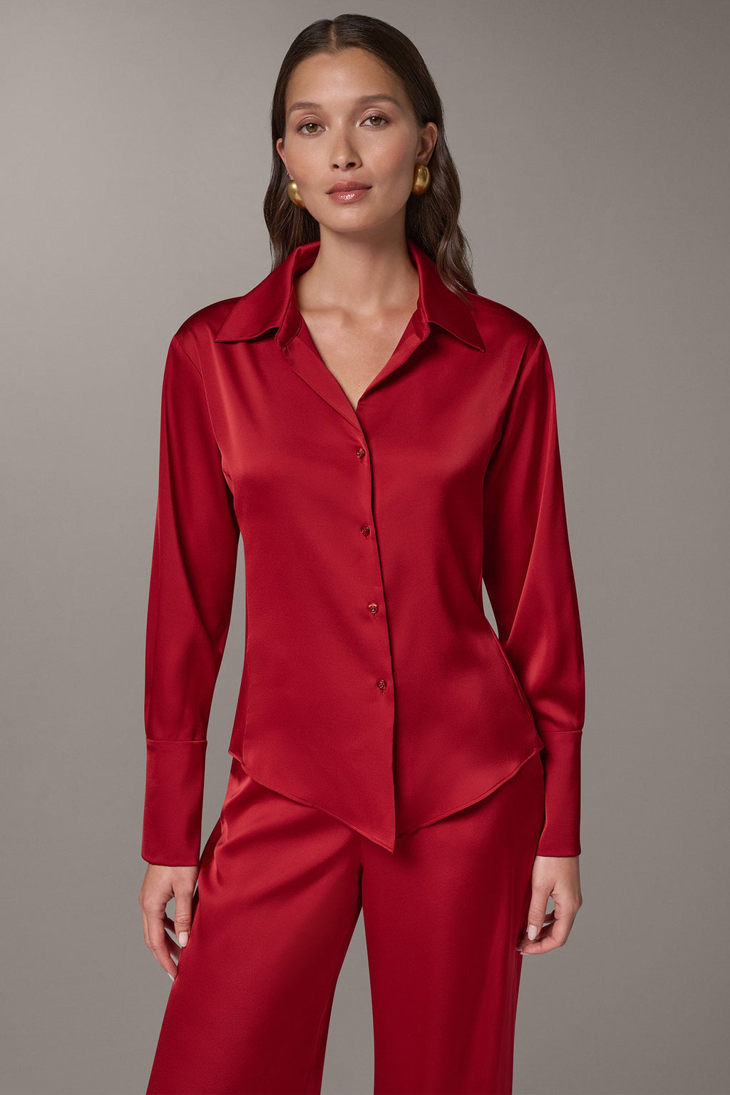 SATIN V-NECK BUTTON FRONT BLOUSE