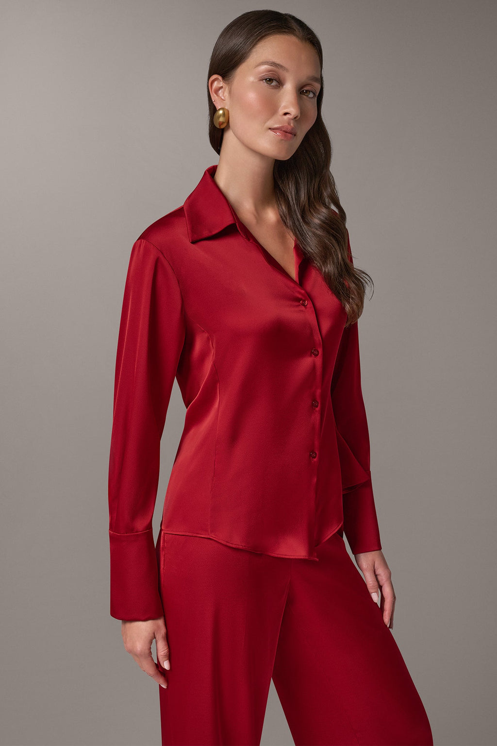 SATIN V-NECK BUTTON FRONT BLOUSE