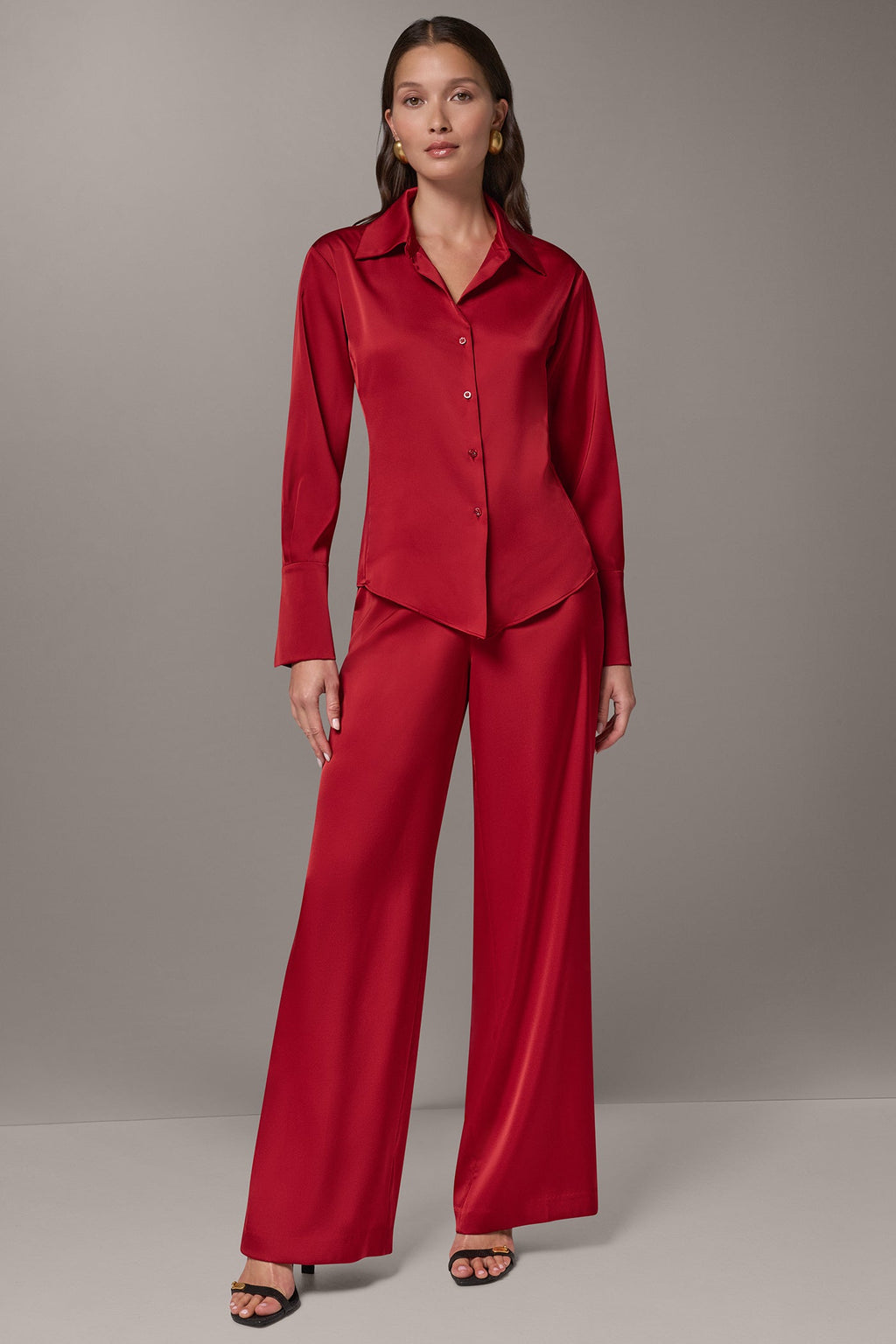 SATIN V-NECK BUTTON FRONT BLOUSE