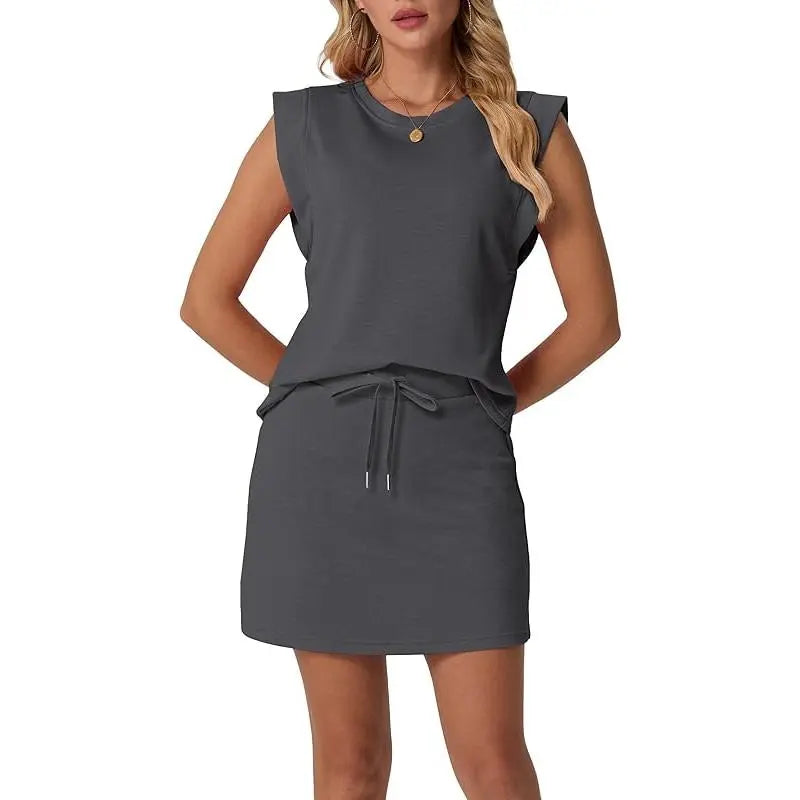 Women's Summer 2 Piece Skort Set Cap Sleeve Round Neck Top & Tennis Skirt with Pockets for Athletic & Casual