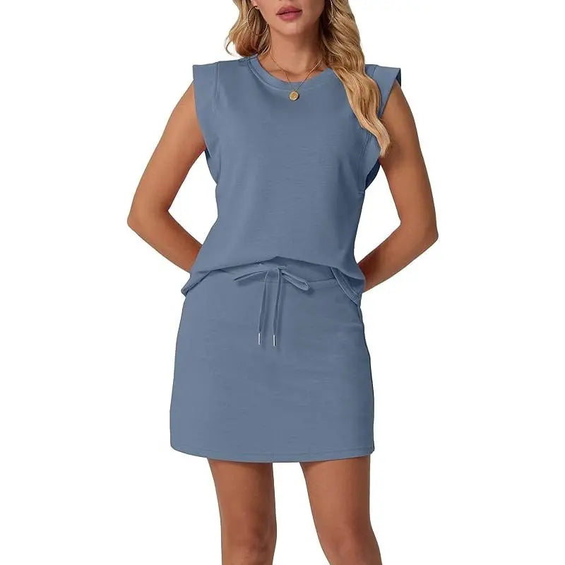 Women's Summer 2 Piece Skort Set Cap Sleeve Round Neck Top & Tennis Skirt with Pockets for Athletic & Casual