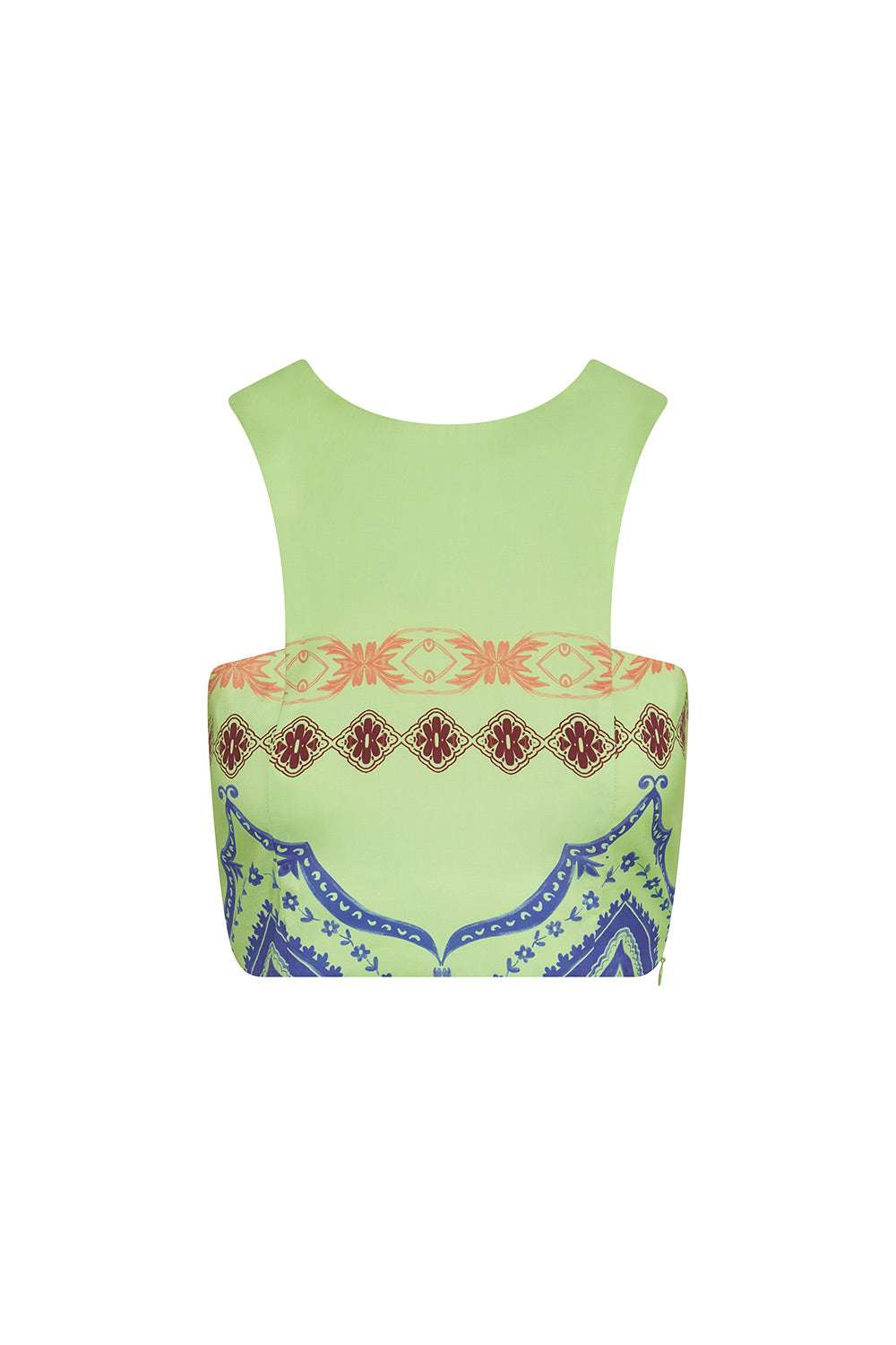 Light green sleeveless top with colorful patterned bottom on a white background