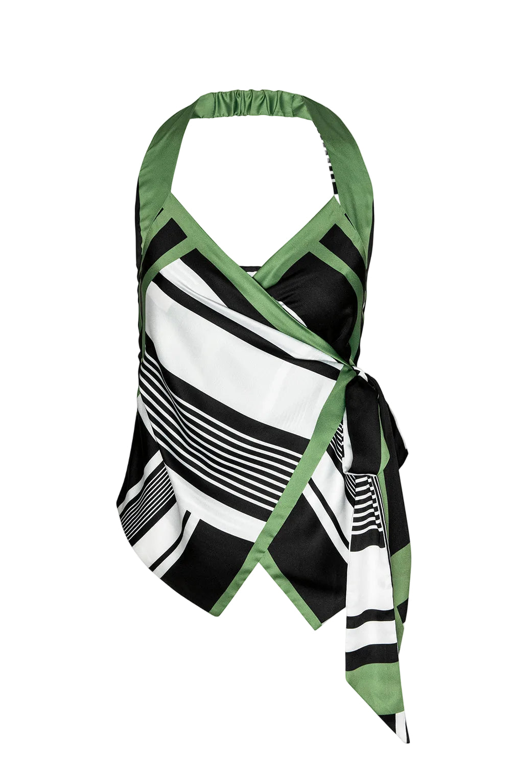Green, black, and white patterned scarf on a white background