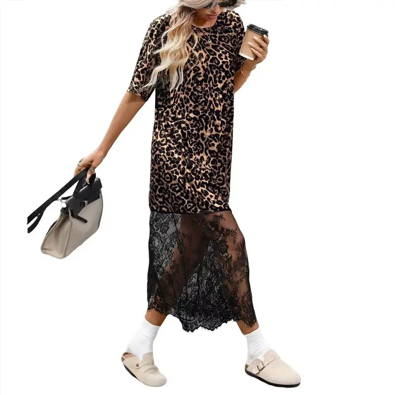 Oversized T-Shirt Maxi Dress with Sheer Lace Hem Drop Shoulder