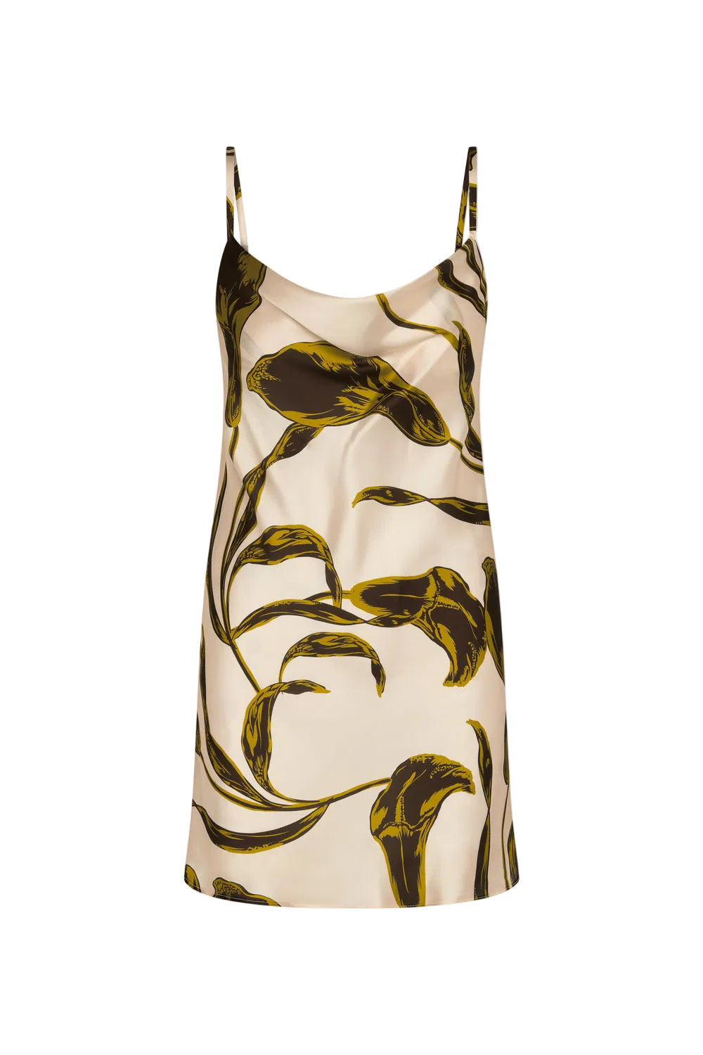 Silk slip dress with floral pattern on a white background