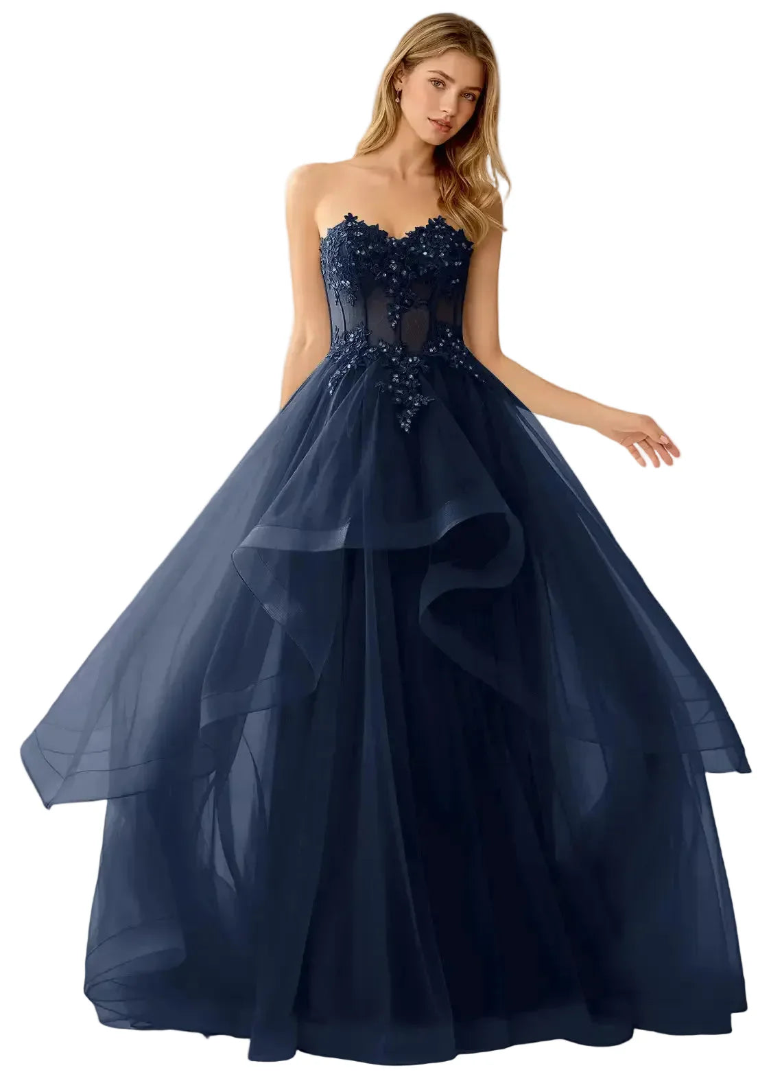 Navy blue strapless gown with floral embellishments on a white background