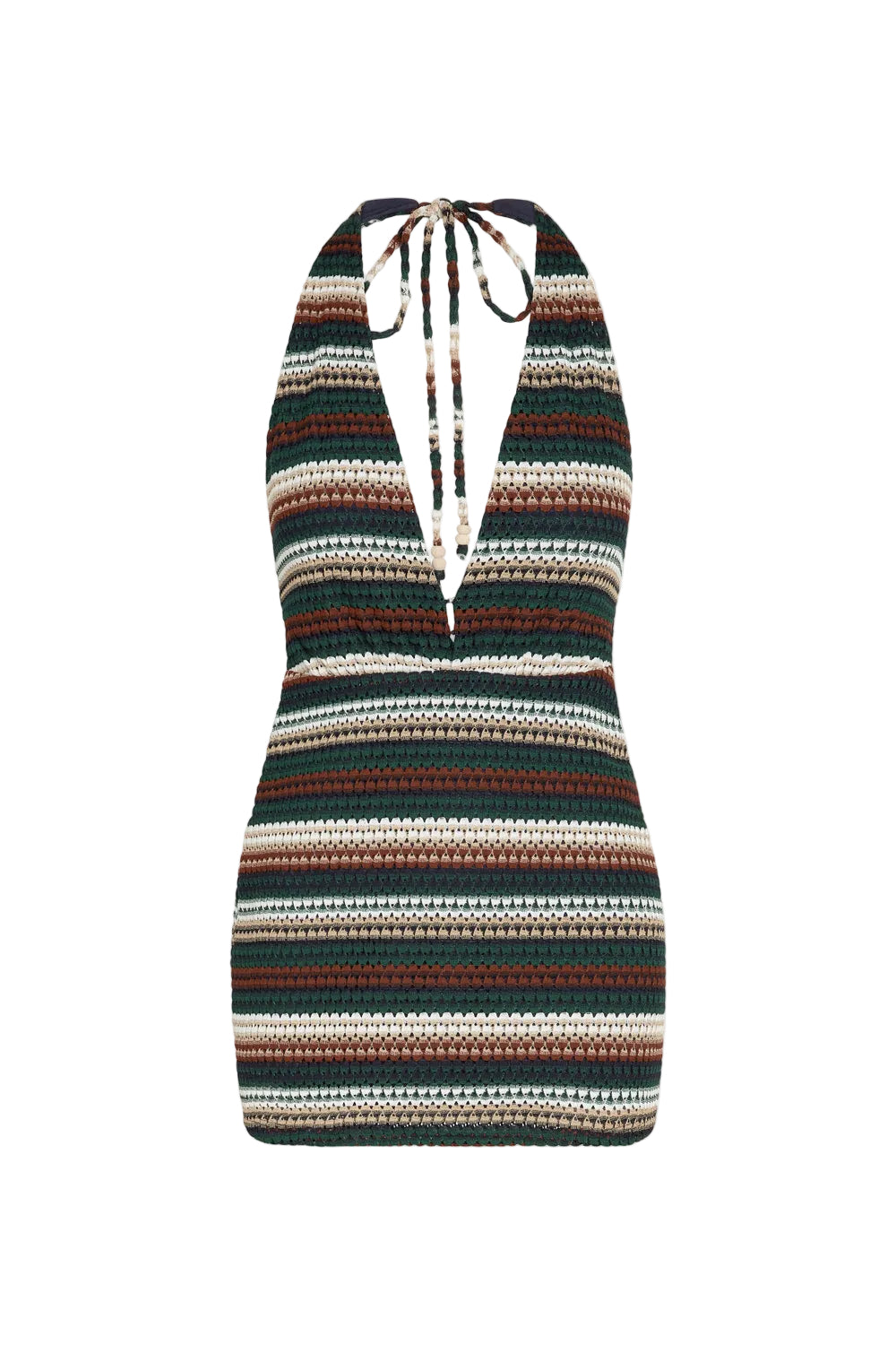 Striped halter dress with a deep neckline on a white background